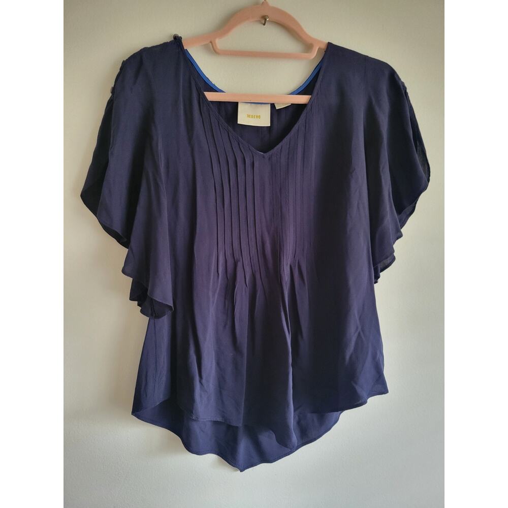 Maeve Maya Pintuck Pleat Top Flutter Sleeve Blouse Navy 2